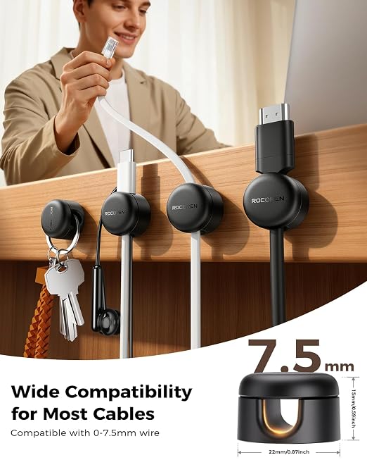 9-Pack Cable Clips [Upgraded],Rocoren Magnetic 360° Rotatable Cord Holder, Adhesive Cable Management Organizer,Wire Keeper for Nightstand Desk Car Phone Wall Home Office Accessories