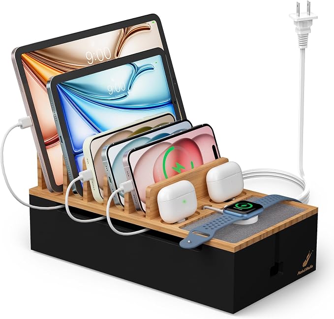 Pezin & Hulin Docking Station for Multi Devices -Natural + Black | Cable Management Box, with 5 Port Charge Adapter, 6 Cable, Wire Organizer for Cord, Box to Hide Cord and Storage Power Strip