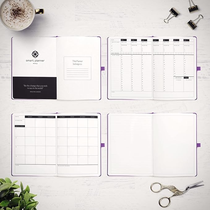 Smart Planner Pro – Undated Daily Planner – Large A4 – Achieve Goals & Increase Productivity with Weekly, Monthly, Work Sections - Organizer Diary with Back Pocket, 3 Satin Bookmarks & Pen Holder
