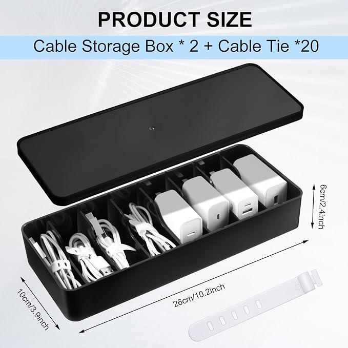 Tatuo 2 Pcs Cord Organizer for Drawer Desktop, Cable Organizer Box with 8 Compartments and Wire Ties, Plastic Charger Storage with Lid, Electronics Case for Home Office Accessories (Small,Black)