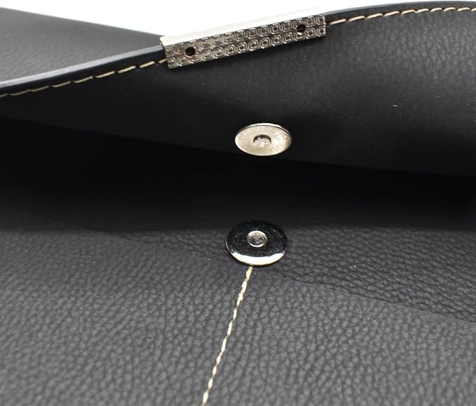 VANRA File Folder Document Holder Organizer Waterproof Portfolio Leather Folder Case with 3 Pockets, Filing Envelopes for A4 Letter Size Paper with Snap Magnetic Button Closure (Black)