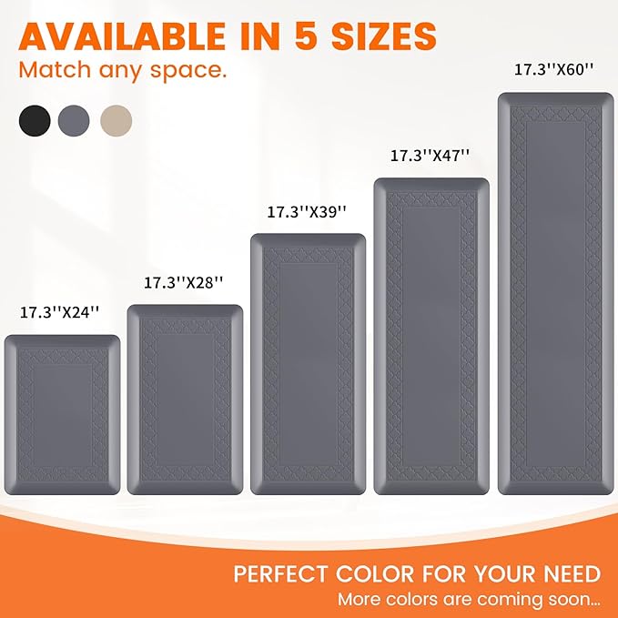 4/5 Inch Thicker Kitchen Mats for Floor Non-Slip Anti Fatigue Comfort Mat Waterproof Kitchen Rug for Sink, Office,Home Stain Resistant Standing Desk Rugs-17.3"x 24", Grey