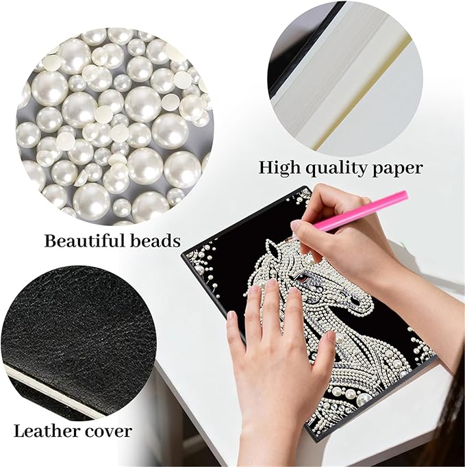 FRANDEK Pearl Painting Notebook Kit, Black and White Horse A5 DIY Journal with 50 Blank Pages, Diamond Gem Art Cover with Waterproof Canvas, Beginner Craft Set with Full Tools for Adults