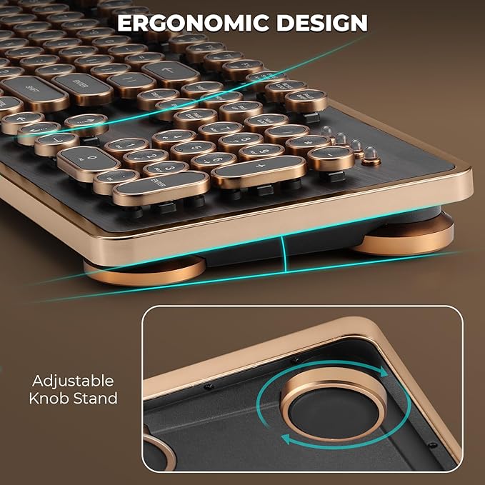 RK104 Retro Mechanical Keyboard, Wired Full-Size 104 Keys with Typewriter Round Keycaps, Wooden Grain, N-Key Rollover, Green Linear Switches, Ideal for Retro Lovers