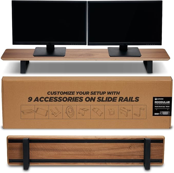 Moodular Wooden Monitor Stand Desk Organizer, Large 45.6" Walnut | Customizable Organized Workspace, Aluminum Slide Rails, 10 Add-Ons Sold Separately: Storage Drawer, Tablet, Phone & More