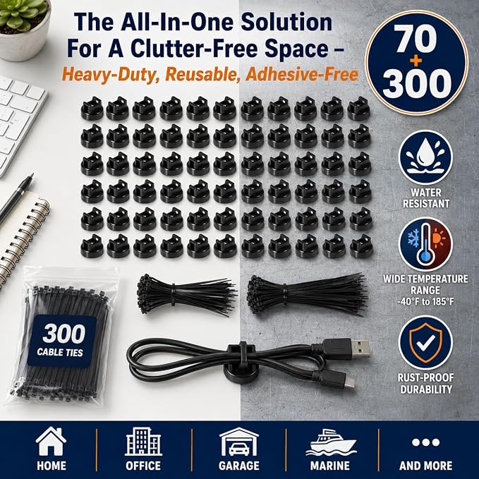 Magnetic Cable Zip Tie Mounts, 70 Pcs Magnet Bases with 300 Pcs Cable Ties, Multipurpose Wire Management Organizer for Desk PC Home Office, Adhesive-Free Cable Clips Holder