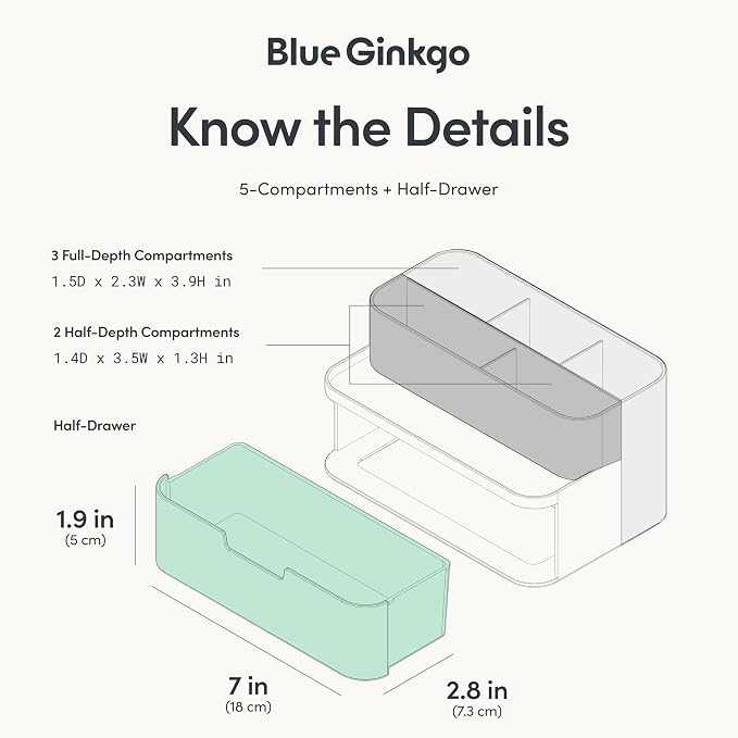 BLUE GINKGO Compact Desk Organizer, White, Made in Korea | 5 Compartments. Half Drawer. Space-Saving.