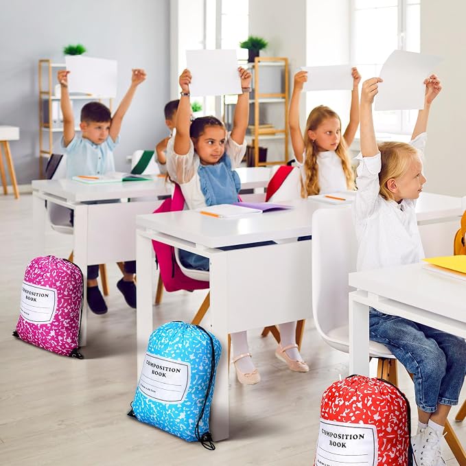 24 Pcs Back to School Composition Book Drawstring Bag Bulk 13"x16" Backpacks Carrying Folder Computer for Writing Teacher (Bright)