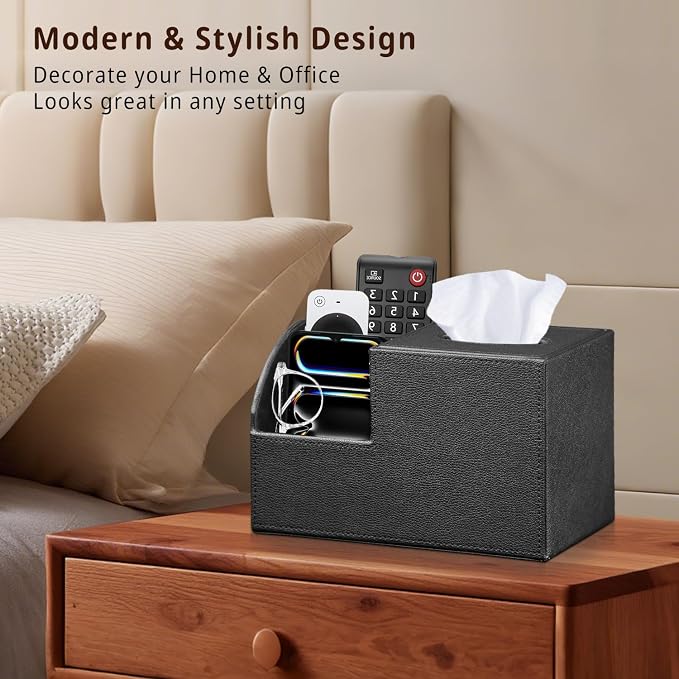PU Leather Square Tissue Box Cover - Multi-Functional Tissue Box Holder | Tissue Box Cover with Storage,Tissue and Remote Control Holder,Cube Tissue Box Organizer Bedroom Nightstand End Table