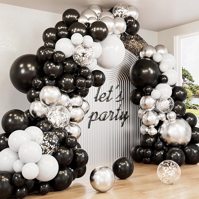 Black and Silver Balloons Garland Arch Kit, 135 Pcs Fathers Day Balloons, Metallic Silver Black White and Confetti Balloons for Father's Day Decor, Grad, Birthday, Retirement, Wedding, Anniversary