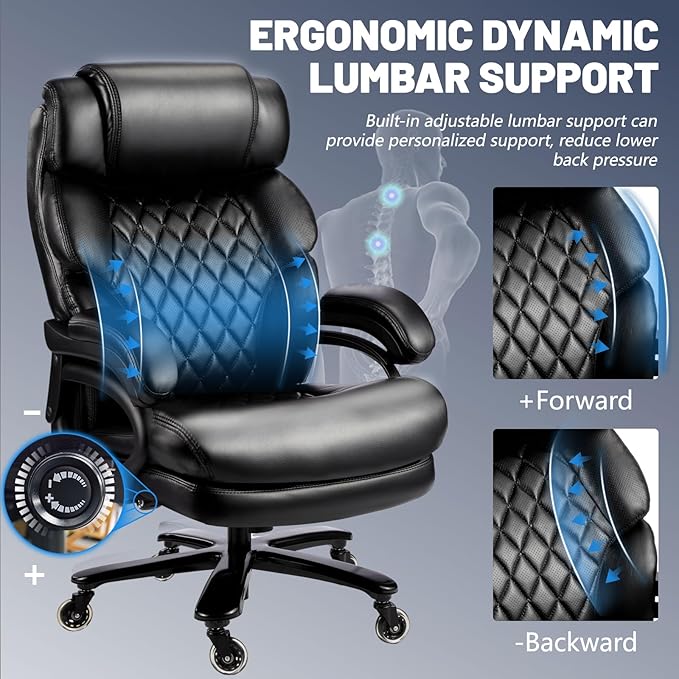 800LBS Big and Tall Office Chair for Heavy People, Heavy Duty Executive Chair with High Back, Extra Wide Seat and Adjustable Lumbar, Large Computer Desk Chair Comfortable for Home Office (Black)