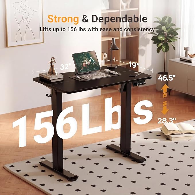 Claiks 32 x 19 Inch Black Electric Standing Desk | Adjustable Height, Sit Stand, 3 Memory Presets, Cable Management, Space-Saving, Home Office & Bedroom