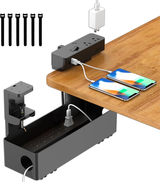Hiree Under Desk Cable Management Tray with Power Strip, 8 AC Outlets, 2 USB Ports & 1 USB-C Port, Clamp Mount Desk Cable Organizer, No Drill Cord Management Tray for Standing Desk, Home Office（Black）