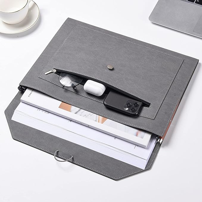 PU Leather A4 File Folder Document Holder 2 Pockets Portfolio Envelope Folder Case with Elastic String 3/4 Inch Expansion (Gray)