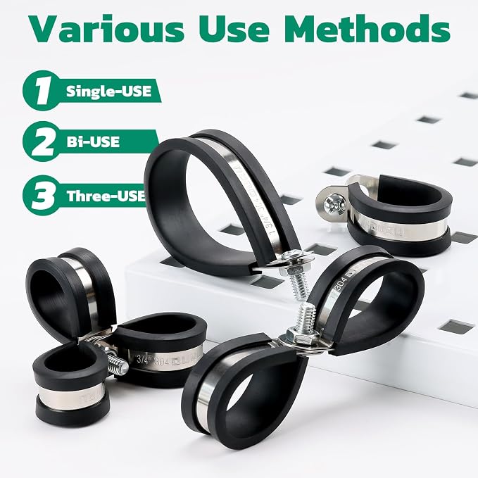 OURU 125PCS Cable Clamps Assortment Kit,Rubber Coated, 1/4"-2" 12 Sizes | 304 Stainless Steel, Anti-Vibration, Rust Resistant, Secure Hold, Automotive Wire, Pipe & Tube Mounting, Cable Management