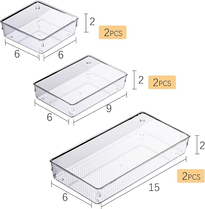 3 Pack Clear Plastic Drawer Organizer Tray Cutlery Utensil Makeups Drawer Silverware Organizers 12" X 6"… (6P(6X6+6X9+6X15))