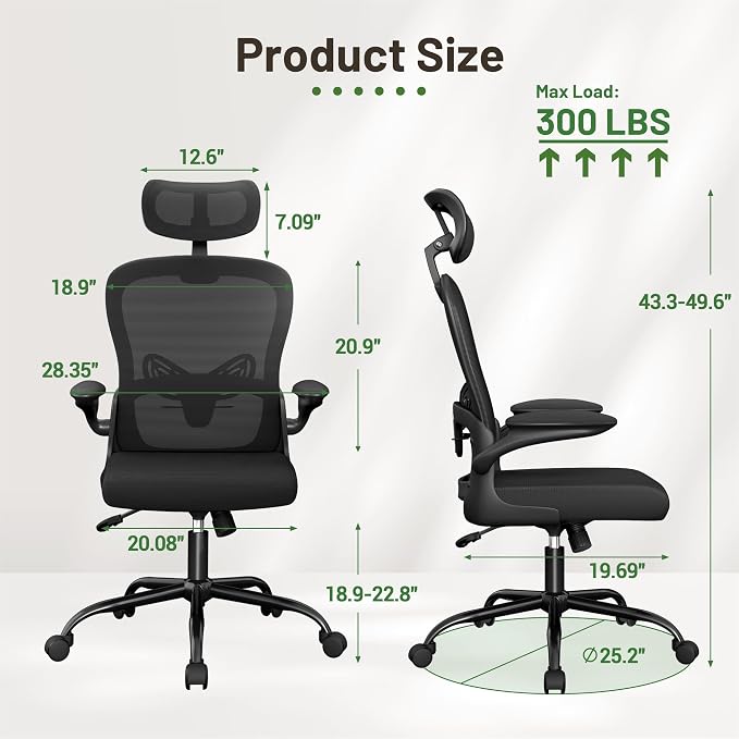 Furmax Ergonomic Office Chair Executive High Back Computer Desk Chair with 3D Headrest, Adjustable Lumbar Support Armrests for Home Office (Black)