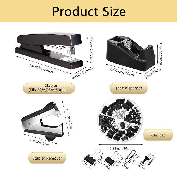 Office Supplies,Black Desk Accessories,Office Supplies Set,Stapler and Tape Dispenser Set,Scissors,Staple Remover,Binder Clips,Staples,Ballpoint Pen,Index Tabs with Ruler,Clear Tape.9pcs for Office
