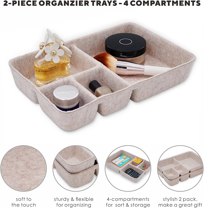 Drawer Organizer Tray 4-Compartment Nordic Oatmeal Felt Divider | Sustainable material soft yet sturdy,multi-purpose storage, sleek minimalist lifestyle