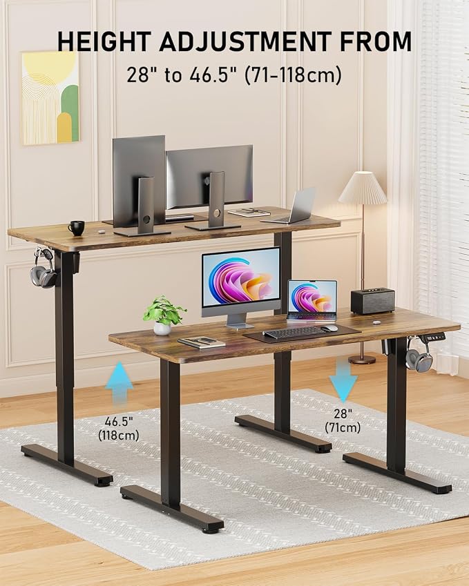 48" Electric Standing Desk Adjustable Height, Sit Stand up Desk for Home Office & Computer Workstation, 2 Memory Height Settings, Splice Board, 2 Hooks, Black Frame/Rustic Brown Top