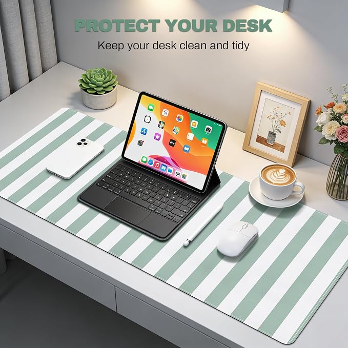 Striped Desk Mat Cute XXL Large Mouse Pad PU Leather Green Striped Desk Pad with Non-Slip Rubber Base, Home Office Decor Keyboard Pad Mouse Mat for Computer Laptop