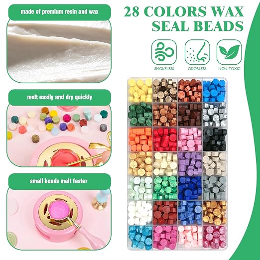847Pcs 28 Colors Sealing Wax Beads, Wax Warmer and Candle, Letter Seal Kit for Gift and Decoration, Wedding Party Invitations