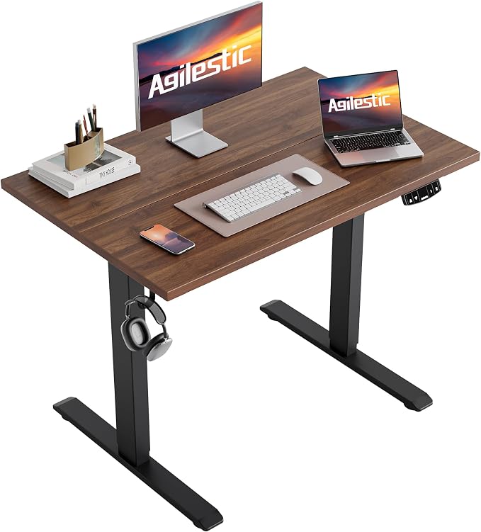 Agilestic Electric Standing Desk, 48 x 24 Inches Height Adjustable Desk, Sit Stand up Desk for Work Office Home, Splice Board, Dark Walnut