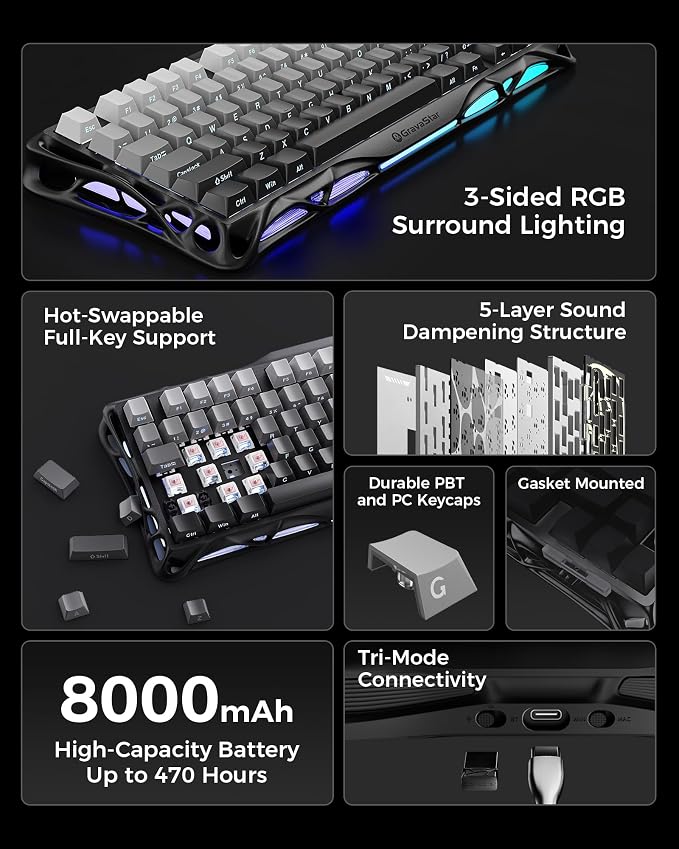 GravaStar Mercury K1 75% Wireless Mechanical Gaming Keyboard, Aluminum Alloy, Gasket Compact Custom Keyboard Hot-Swap Socket, Linear Switches, RGB Backlit【Gradient Black】