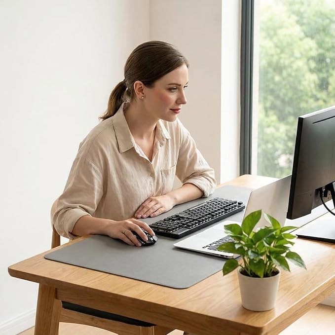 32" x 39" Waterproof Leather Desk Pad, Anti-Slip Base, Stitched Edges No Curling, Fits Laptop Keyboard and Mouse, Smooth Office Surface Mouse Mat for Work, Light Gray