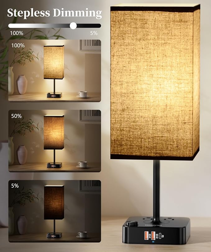 RGB Table Desk Lamp with 16 Million Colors & Music Sync | Smart Color Changing Nightstand Light Stepless Dimmable Warm-Cool White + USB Charging AC Outlets for Gaming,Home Office,Bedroom Mood Lighting