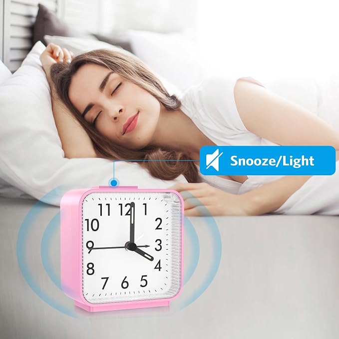 AMIR Silent Analog Alarm Clock, Small Battery Operated Clock with Snooze | Loud Ascending Beep Alarm with Night Light, Non Ticking Desk Clock for Bedroom, Travel, Students