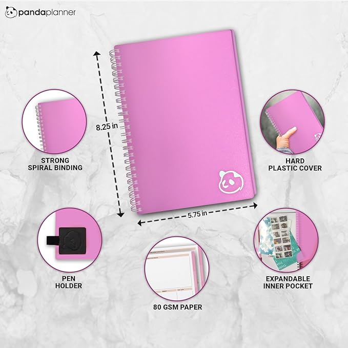 Panda Planner 2026 Undated Daily Planner with Hourly Schedule 5.75" x 8.25" – 90 Days Daily Journal with Spiral Binding – To Do List Notebook with Habit Tracker for Home/Office Supplies – Pink