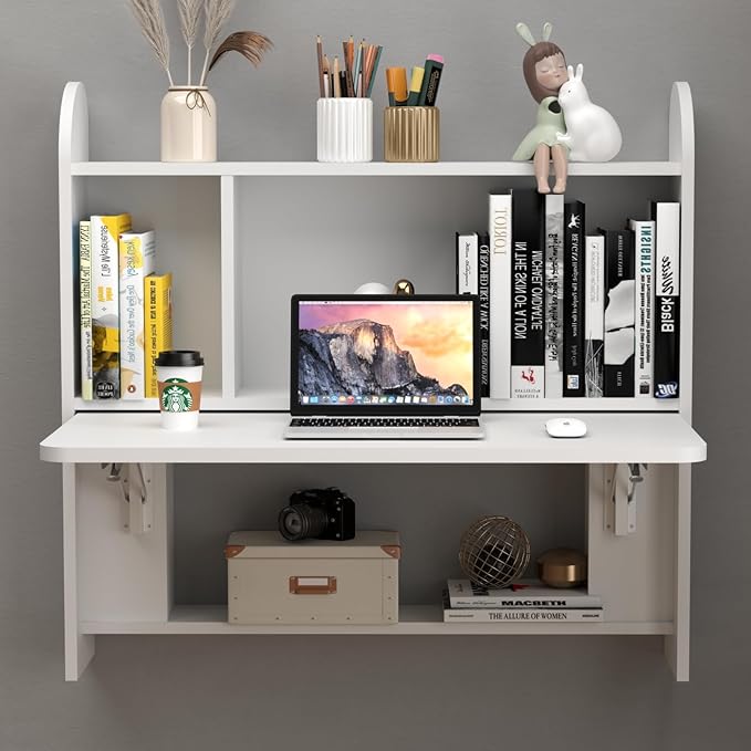 Wall Mounted Drop-Leaf Table, Floating Laptop Desk, Folding Table with Shelves, Multifunctional Computer Workstation with Storage Compartments in Home Office for Space Saving (White)