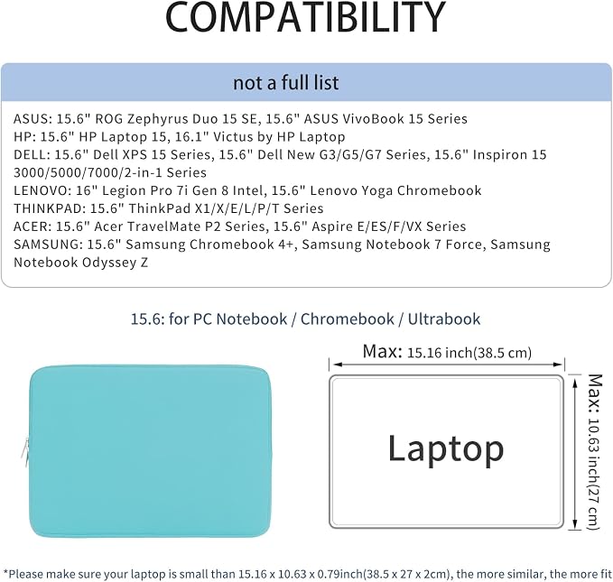 RAINYEAR 15.6 Inch Laptop Sleeve Protective Case Soft Carrying Zipper Bag Cover Compatible with 15.6" Notebook Computer Ultrabook Chromebook (Blue)