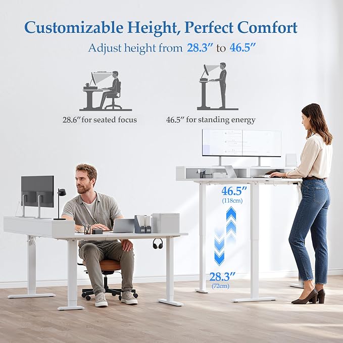 Klicelor L Shaped Electric Standing Desk 63 x 55.1 inch with Shelf, Height Adjustable Corner Desk, Sit Stand Desk with Storage Shelf, Home Office Computer Table, White