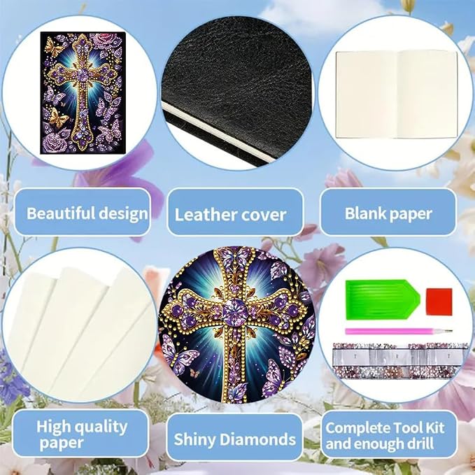 FRANDEK A5 50-Page DIY Diamond Art Painting Notebook with Beautiful Patterns, Purple Cross Special Shaped Diamond Art Craft for Beginners Creative Gift for adults June Back To School