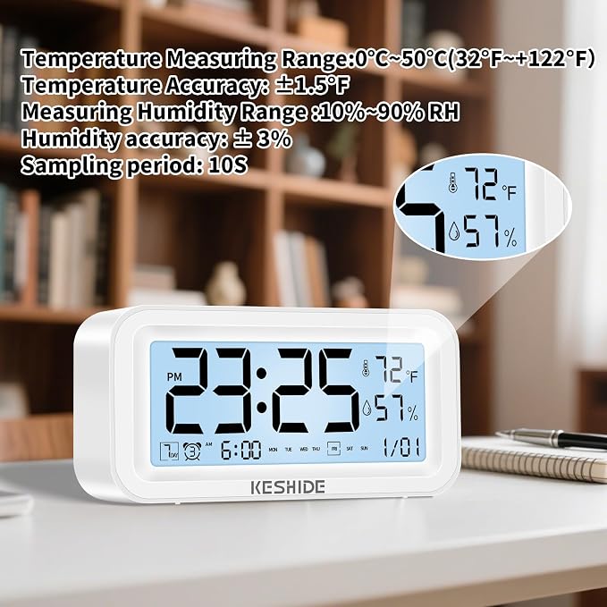 Night Light Digital Alarm Clock Battery Operated with Indoor Temperature Humidity, Desk Small Clock,Snooze Model,12/24H Display for Bedrooms Heavy Sleepers Kids Travel Bathroom (White)