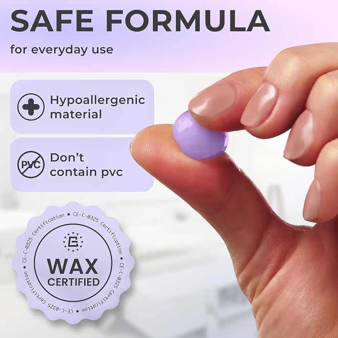 Peace&Quiet PQ Wax Ear Plugs for Sleeping, Swimming - 50 Soft Noise Cancelling Silicone Gel Wax Earplugs for Sleep and Swimmers, Ear Protection with Sound Blocking Level of 32 Db, Lavender