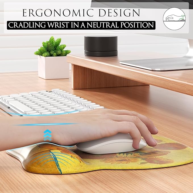 MROCO Ergonomic Mouse Pad with Gel Wrist Rest, Smooth Wrist Support Surface, Non-Slip PU Base for Pain Relief, Comfortable Mousepad for Computer, Laptop, Office & Home, 9.4 x 8.1 in, Sunflower