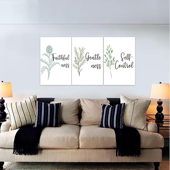 3 Piece Inspirational Wall Art, White Plant Background Picture, Quote "Faithfulness Gentleness Self-control" Canvas Print for Home Decor, Stretched And Framed Artwork for School Wall Decor(48"Wx24" H)