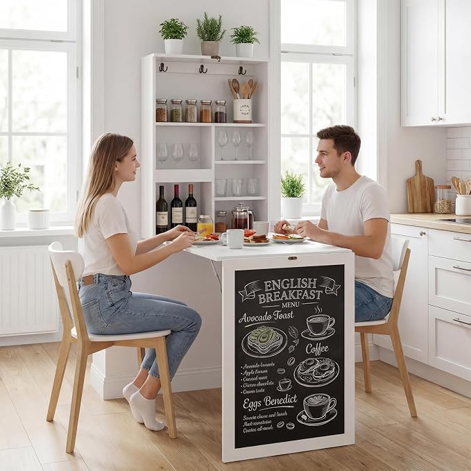 Giantex Foldable Wall Mounted Desk, Convertible Writing Desk with Storage Shelves, Hooks & Chalkboard, Space-Saving Fold-Up Table, Corner Floating Laptop Table for Small Spaces, Home Office, White