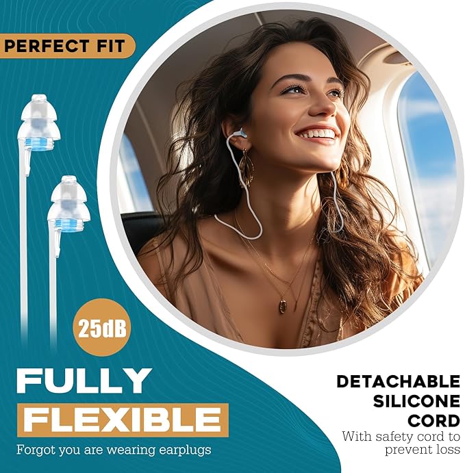 Airplane Ear Pressure Relief Ear Plugs with Cord, Prevent Ear-Pain & Noise Reduction, Plane Travel Essentials Pressure Equalizing Earbuds, 100x Reusable Comfy Earplugs for Adults Kids 12+