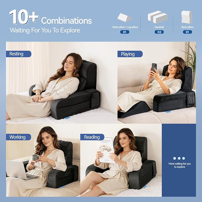 Kayfia Reading Pillow, Gel Memory Foam Back Rest Pillow, 21'', Black | 3 Storage Pockets, Dual-Use Back Leg Support Pillow, Detachable Armrests, Ideal for Reading, Gaming, Working on Bed & Couch
