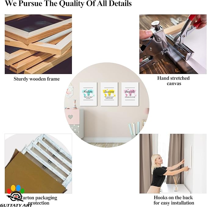 Inspirational Wall Art, Office Pictures for Wall Decor, Motivational Canvas Wall Art for Women, Failure - Success - Execute Quotes Color Map Poster Framed Artwork for Home Workplace Decor 12”x18”x3Pcs