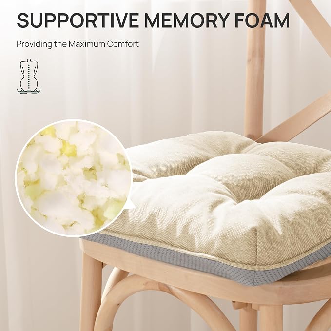 Love's cabin Memory Foam Chair Cushions Set of 4, 15.5"x15.5"x3.5" Indoor & Outdoor Seat Pads for Dining, Kitchen, Office, Patio Chairs - Beige