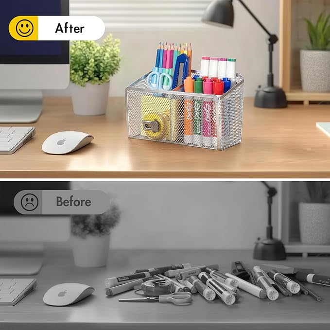 BEYGORM Magnetic Dry Erase Marker Holder for Whiteboard, Mesh Pen & Pencil Holder for Refrigerator, Strong Magnetic Basket for School Locker, Office & Classroom Organizer (Silver, 1-Pack)