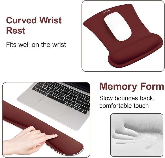 MOSISO Wrist Rest Support for Mouse Pad & Keyboard Set, Ergonomic Mousepad Non-Slip Base Home/Office Pain Relief & Easy Typing Cushion with Neoprene Cloth & Raised Memory Foam, Wine Red