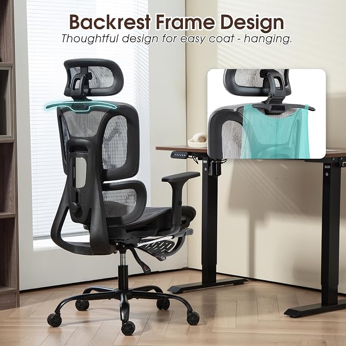 ECOTOUGE Grey Mesh Ergonomic High Back Office Chair with Footrest | Adjustable Lumbar Support, Headrest, Armrests, Reclining, Swivel, Rolling Casters, Sturdy Base, for Home Office & Gaming