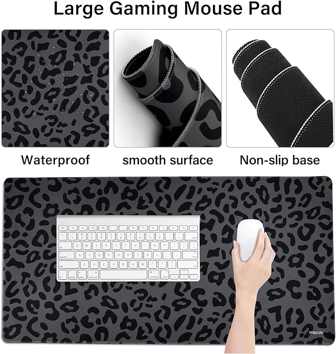 MOSISO Wrist Rest Support for Mouse Pad&Keyboard Set, Ergonomic Large Leopard Grain Desk Mat&Coaster Set, Non-Slip Mousepad&Pain Relief&Easy Typing Cushion with Memory Foam for Home Office, Black