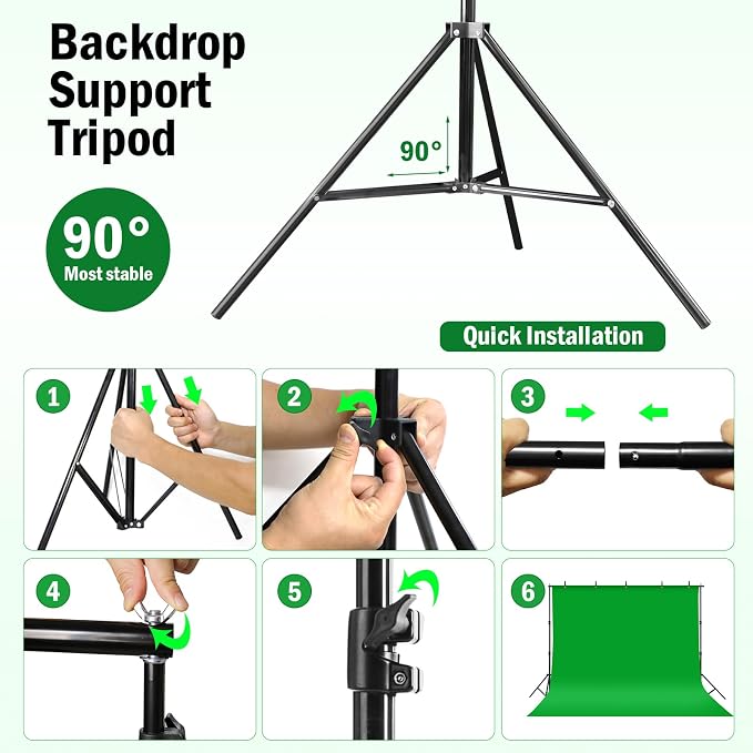 Green Screen Backdrop Kit - 10ft Wide x 6.5ft Tall Portable Green Screen with Heavy Duty Stand, 5 Heavy Duty Clamps & Carrying Bag for Professional Photography, Video Production, Gaming, Zoom Calls